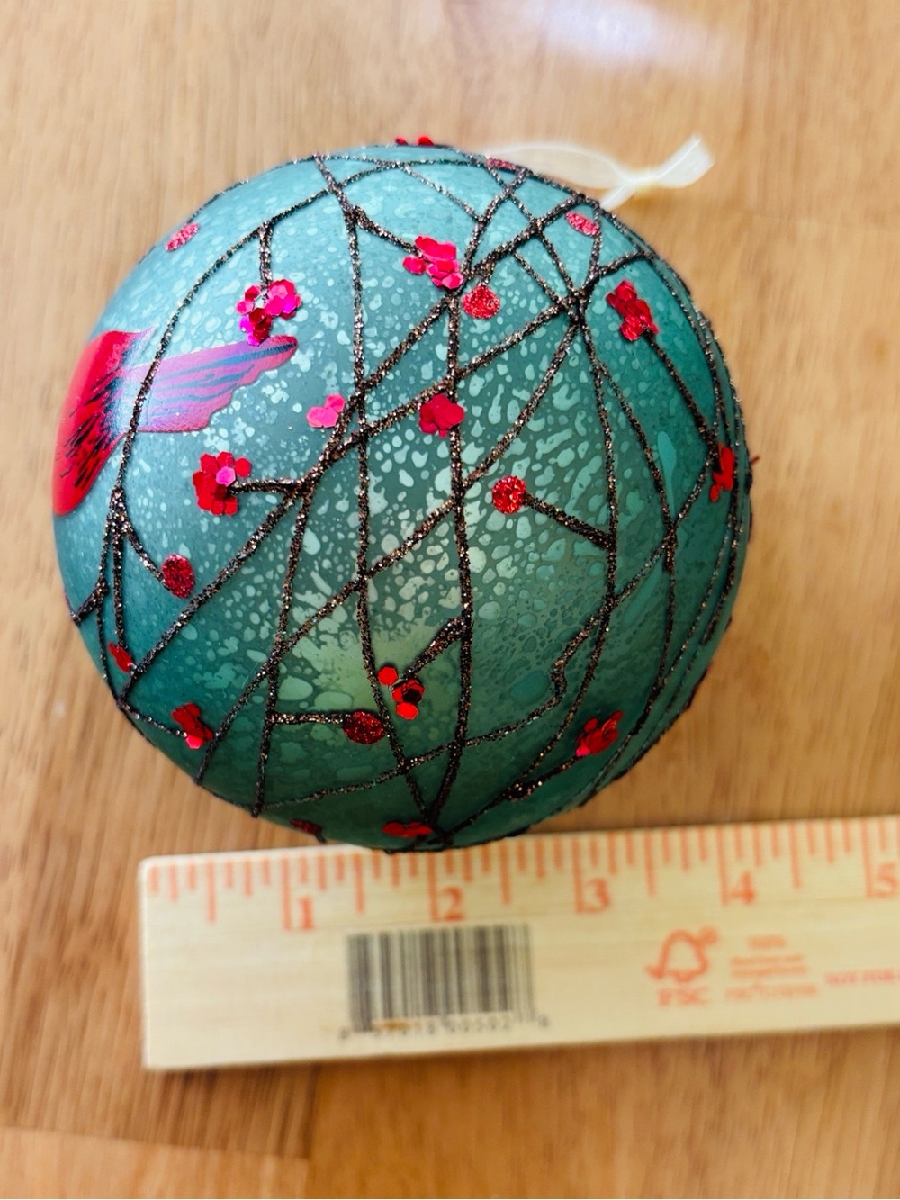 Hand-Painted Green Glass Ornament with Red Cardinal - Picture 6 of 7